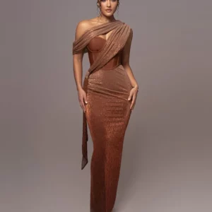 Sexy One Shoulder Draped Glitter Long Dress Women Brown Corset Sparkly Backless Bodycon Maxi Dresses Evening Party Gowns - Image 1