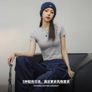 Maden New Crop Top Henry Shirt Short-sleeved Slim T-shirt and Short Solid Color Inner Layering Cotton Tee for Women's Summer - Image 4
