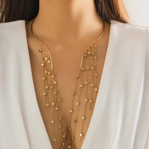 Lacteo Vintage Imitation Pearl Star CCB Tassel Necklace Open Collar Women Choker Multilayer Charm Sexy Chest Chain Gifts Ladies - Image 3