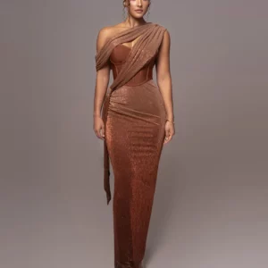 Sexy One Shoulder Draped Glitter Long Dress Women Brown Corset Sparkly Backless Bodycon Maxi Dresses Evening Party Gowns - Image 4