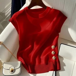 French Light Luxury Style Beautiful Pink Round Neck Knitted Sleeveless T-shirt for Women in Summer Chic Age-reducing Top - Image 4