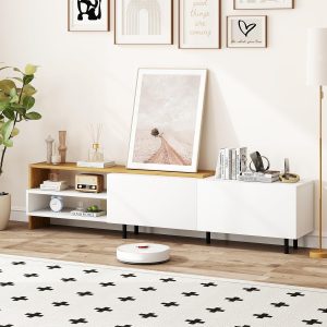 Giantex TV Stand for 80 Inch TVs, White Entertainment Center with Storage Cabinets, Open Shelves & Metal Legs, Modern Media TV Console Table for Living Room, Bedroom & Entryway - Image 6
