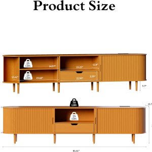 DHH 86.6" Fluted TV Stand with Power Outlet for TVs up to 90", TV Console with Adjustable Shelves and Sliding Door,Mid Century Modern Entertainment Center for Living Room,Bedroom (Yellow Walnut) - Image 9