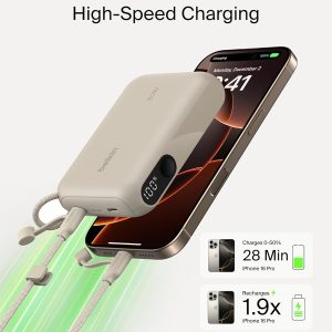 Belkin BoostCharge 10000mAh Power Bank with Digital Battery Display - Sand 10K Portable Charger, 2 x USB-C Port, 20W, Air-Travel Friendly, Pre-Charged, Detachable USB-C Cable Included, Lightweight - Image 10