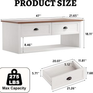 47in White Coffee Table with Hidden Storage, Rustic Farmhouse Center Table 47 inch white farmhouse coffee table with hidden storage compartment. Rustic wood center table for living room & office - Image 7