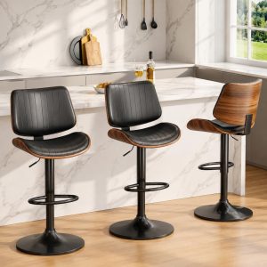 Swivel Bar Stools 3PCS, Adjustable Bentwood Barstools for Kitchen Counter Modern PU Leather Upholstered Bar Chair with Back and Footrest, for Kitchen Island, Bar, Dining Room, Black - Image 3