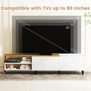 Giantex TV Stand for 80 Inch TVs, White Entertainment Center with Storage Cabinets, Open Shelves & Metal Legs, Modern Media TV Console Table for Living Room, Bedroom & Entryway - Image 5