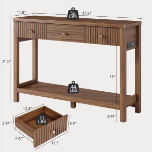 Decofy 47'' Fluted Console Table with Charging Station & 3 Drawers, Walnut Mid Century Modern Sofa Table with Outlets and USB-C Port, Open Shelf, Entryway Table for Behind Couch, Hallway, Foyer - Image 2