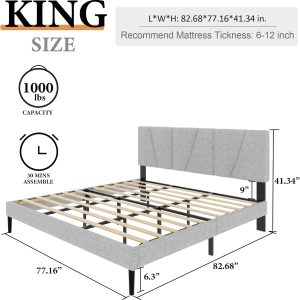 Sismplly King Size Platform Bed Frame with Upholstered Headboard, Wooden Slats Support, Noise Free, No Box Spring Needed, Easy Assembly, Light Grey, Linen - Image 9