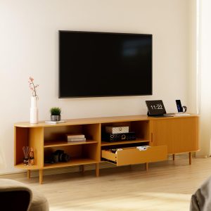 DHH 86.6" Fluted TV Stand with Power Outlet for TVs up to 90", TV Console with Adjustable Shelves and Sliding Door,Mid Century Modern Entertainment Center for Living Room,Bedroom (Yellow Walnut) - Image 8