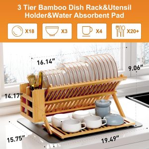 Greenual Bamboo Dish Drying Rack with Utensil Holder, 3 Tier Collapsible Dish Rack, Wooden Dish Racks for Kitchen Counter, Large Folding Drying Holder with Absorbent Dish Drying Mat - Image 2