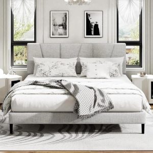 Sismplly King Size Platform Bed Frame with Upholstered Headboard, Wooden Slats Support, Noise Free, No Box Spring Needed, Easy Assembly, Light Grey, Linen - Image 1