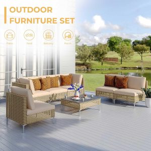 Grand patio 7-Piece Wicker Patio Furniture Set, Outdoor Sectional Sofa Boho outdoor conversation set with sectional sofa, water-resistant thick cushions and coffee table for patio, deck or porch. - Image 6