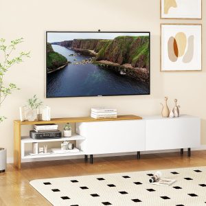Giantex TV Stand for 80 Inch TVs, White Entertainment Center with Storage Cabinets, Open Shelves & Metal Legs, Modern Media TV Console Table for Living Room, Bedroom & Entryway - Image 1