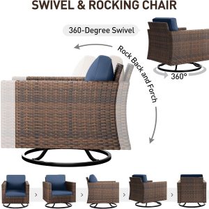 UDPATIO Patio Furniture Set, 5 Pieces Outdoor Conversation Sets with Rocking Swivel Chairs, Wicker Rattan Outdoor Sofa Set with Storage Table and Waterproof Covers for Backyard, Deck, Porch, Navy - Image 7