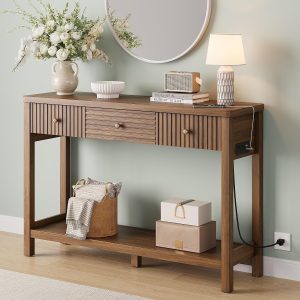Decofy 47'' Fluted Console Table with Charging Station & 3 Drawers, Walnut Mid Century Modern Sofa Table with Outlets and USB-C Port, Open Shelf, Entryway Table for Behind Couch, Hallway, Foyer - Image 4