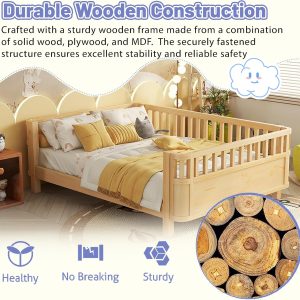 Low Profile Montessori Full Bed with Detachable Side Rail, Natural Full Size Platform Bed for Kids, Solid Pine Wood Kids Daybed with Headboard, Footboard & Slat Support for Boys Girls, - Image 7