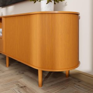 DHH 86.6" Fluted TV Stand with Power Outlet for TVs up to 90", TV Console with Adjustable Shelves and Sliding Door,Mid Century Modern Entertainment Center for Living Room,Bedroom (Yellow Walnut) - Image 3