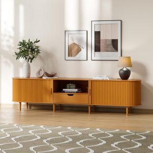 DHH 86.6" Fluted TV Stand with Power Outlet for TVs up to 90", TV Console with Adjustable Shelves and Sliding Door,Mid Century Modern Entertainment Center for Living Room,Bedroom (Yellow Walnut) - Image 7