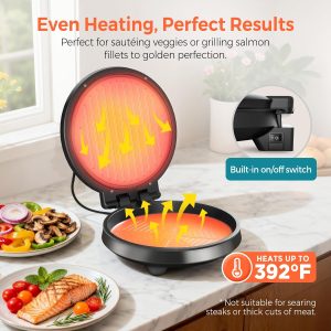 3-in1 Electric Griddle Nonstick & Sandwich Maker with On/Off Switch 8" Round Griddle and Panini Press, 180° Open Design, Perfect for Pancakes, Omelets, Quesadillas, Veggies (Red/Beige) - Image 4