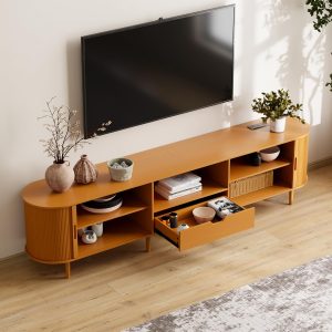 DHH 86.6" Fluted TV Stand with Power Outlet for TVs up to 90", TV Console with Adjustable Shelves and Sliding Door,Mid Century Modern Entertainment Center for Living Room,Bedroom (Yellow Walnut) - Image 4
