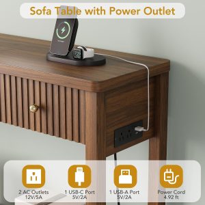 Decofy 47'' Fluted Console Table with Charging Station & 3 Drawers, Walnut Mid Century Modern Sofa Table with Outlets and USB-C Port, Open Shelf, Entryway Table for Behind Couch, Hallway, Foyer - Image 3