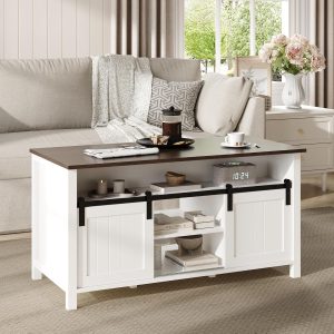 MHOM Farmhouse Coffee Table with Storage, Rustic Living Room Table with Sliding Barn Doors & Hidden Compartment, Wooden Center Table for Living Room, White - Image 4