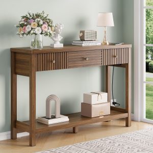 Decofy 47'' Fluted Console Table with Charging Station & 3 Drawers, Walnut Mid Century Modern Sofa Table with Outlets and USB-C Port, Open Shelf, Entryway Table for Behind Couch, Hallway, Foyer - Image 7