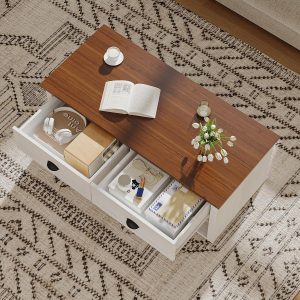 47in White Coffee Table with Hidden Storage, Rustic Farmhouse Center Table 47 inch white farmhouse coffee table with hidden storage compartment. Rustic wood center table for living room & office - Image 4