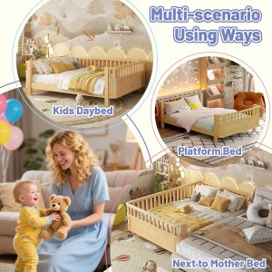 Low Profile Montessori Full Bed with Detachable Side Rail, Natural Full Size Platform Bed for Kids, Solid Pine Wood Kids Daybed with Headboard, Footboard & Slat Support for Boys Girls, - Image 5
