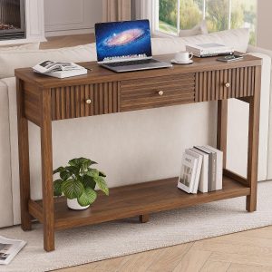 Decofy 47'' Fluted Console Table with Charging Station & 3 Drawers, Walnut Mid Century Modern Sofa Table with Outlets and USB-C Port, Open Shelf, Entryway Table for Behind Couch, Hallway, Foyer - Image 5