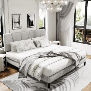 Sismplly King Size Platform Bed Frame with Upholstered Headboard, Wooden Slats Support, Noise Free, No Box Spring Needed, Easy Assembly, Light Grey, Linen - Image 8
