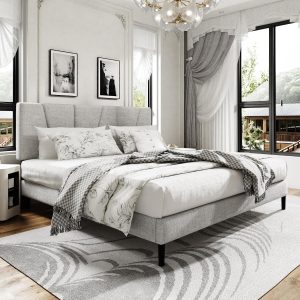Sismplly King Size Platform Bed Frame with Upholstered Headboard, Wooden Slats Support, Noise Free, No Box Spring Needed, Easy Assembly, Light Grey, Linen - Image 2