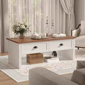 47in White Coffee Table with Hidden Storage, Rustic Farmhouse Center Table 47 inch white farmhouse coffee table with hidden storage compartment. Rustic wood center table for living room & office - Image 8