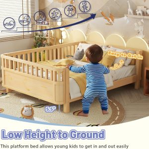 Low Profile Montessori Full Bed with Detachable Side Rail, Natural Full Size Platform Bed for Kids, Solid Pine Wood Kids Daybed with Headboard, Footboard & Slat Support for Boys Girls, - Image 2