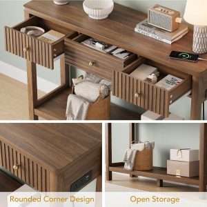 Decofy 47'' Fluted Console Table with Charging Station & 3 Drawers, Walnut Mid Century Modern Sofa Table with Outlets and USB-C Port, Open Shelf, Entryway Table for Behind Couch, Hallway, Foyer - Image 6