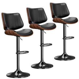 Swivel Bar Stools 3PCS, Adjustable Bentwood Barstools for Kitchen Counter Modern PU Leather Upholstered Bar Chair with Back and Footrest, for Kitchen Island, Bar, Dining Room, Black - Image 1