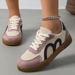 Women Spring Autumn Retro Colorblock Faux Nubuck Sneakers Lace Up Gum Rubber Sole Comfort Flat Casual Outdoor Walking Shoes - Image 2