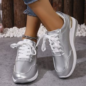 Pu Leather Wedges Sports Shoes Women Shiny Thick Bottom Breathable Sneakers Woman Plus Size 44 Lace Up Vulcanized Shoes Female - Image 5