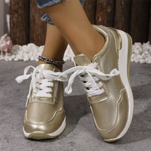 Pu Leather Wedges Sports Shoes Women Shiny Thick Bottom Breathable Sneakers Woman Plus Size 44 Lace Up Vulcanized Shoes Female - Image 6