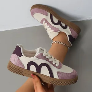 Women Spring Autumn Retro Colorblock Faux Nubuck Sneakers Lace Up Gum Rubber Sole Comfort Flat Casual Outdoor Walking Shoes - Image 1