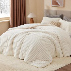 BEDELITE Fleece Queen Comforter Set, Fluffy Bed Set, Cream White Super Soft & Warm Bedding, Luxury Fuzzy Faux Fur Comforter for Winter, Heavy Plush Bedding, with 2 Pillowcases - Image 2