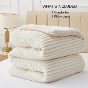 BEDELITE Fleece Queen Comforter Set, Fluffy Bed Set, Cream White Super Soft & Warm Bedding, Luxury Fuzzy Faux Fur Comforter for Winter, Heavy Plush Bedding, with 2 Pillowcases - Image 6